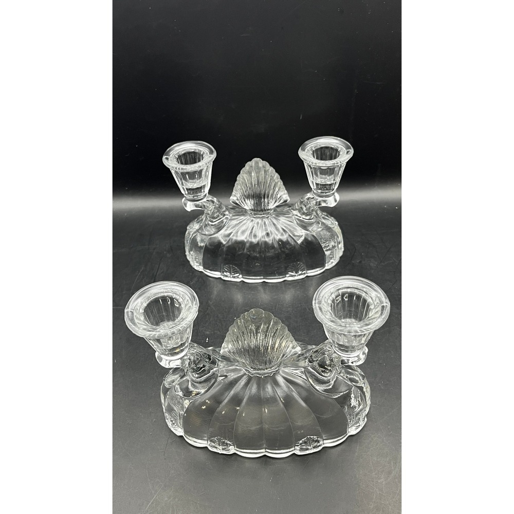 Vtg Set of 2 LE Smith Glass Clam Shell Dbl Candlestick Holder 4.25" Art Nouveau